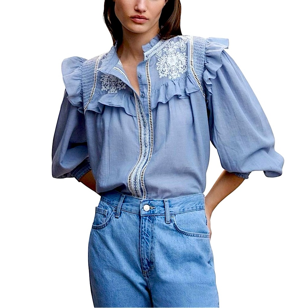 Mango Light Blue Ruffled Lace-Trim Blouse